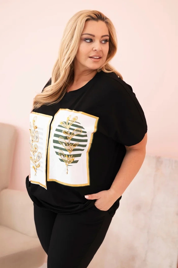 Dámská bavlněná halenka Plus Size s kamínky černá + khaki