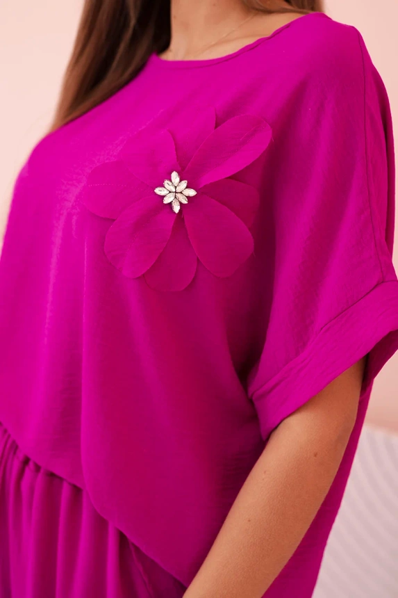 Women's viscose set with decorative flower and wide trousers - dark purple