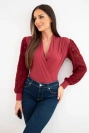 Women's bodysuit wrap blouse with lace sleeves burgundy
