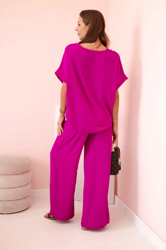 Damen-Set aus Viskose mit dekorativem Blumenmuster und weiten Hosen - dunkelviolett