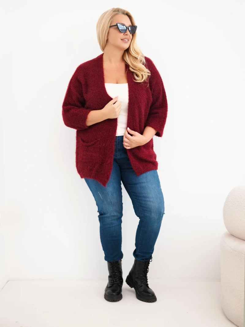 Dámsky sveter Plus Size s vreckami bez zapínania bordový červený