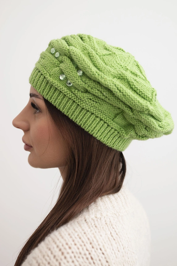 Women's winter hat with decorative braid and crystals K398 pistachio