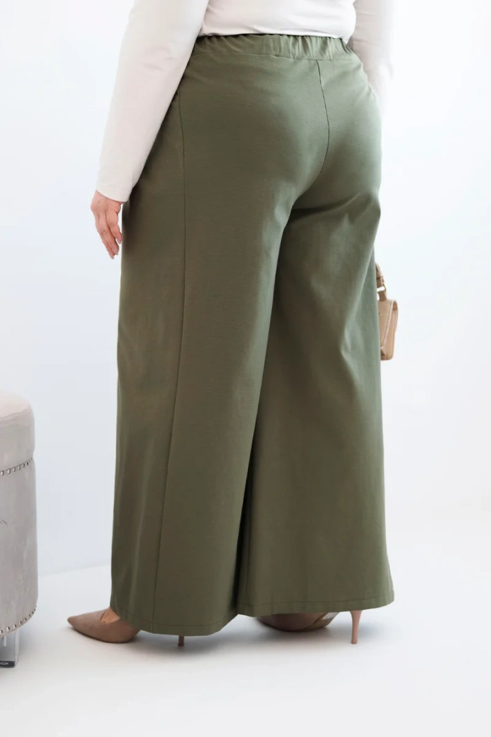 Damski Plus Size kelnės su plačiomis kojomis ir klostėmis khaki