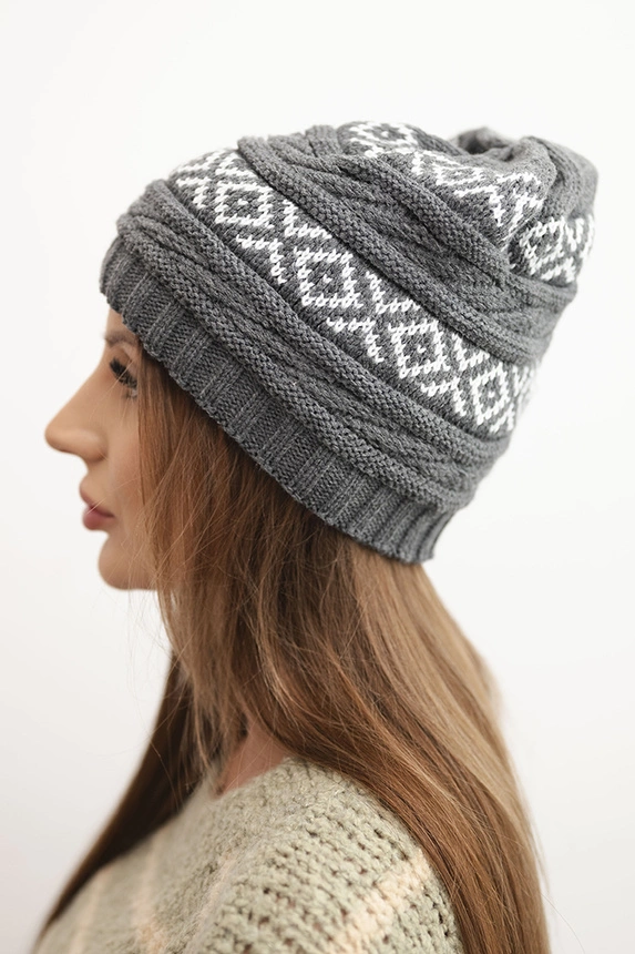 Damen Wintermütze mit Muster und Wolle K425 graufit