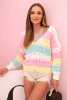 Sweter damski ażurowy w paski z dekoltem V ecru + żółty