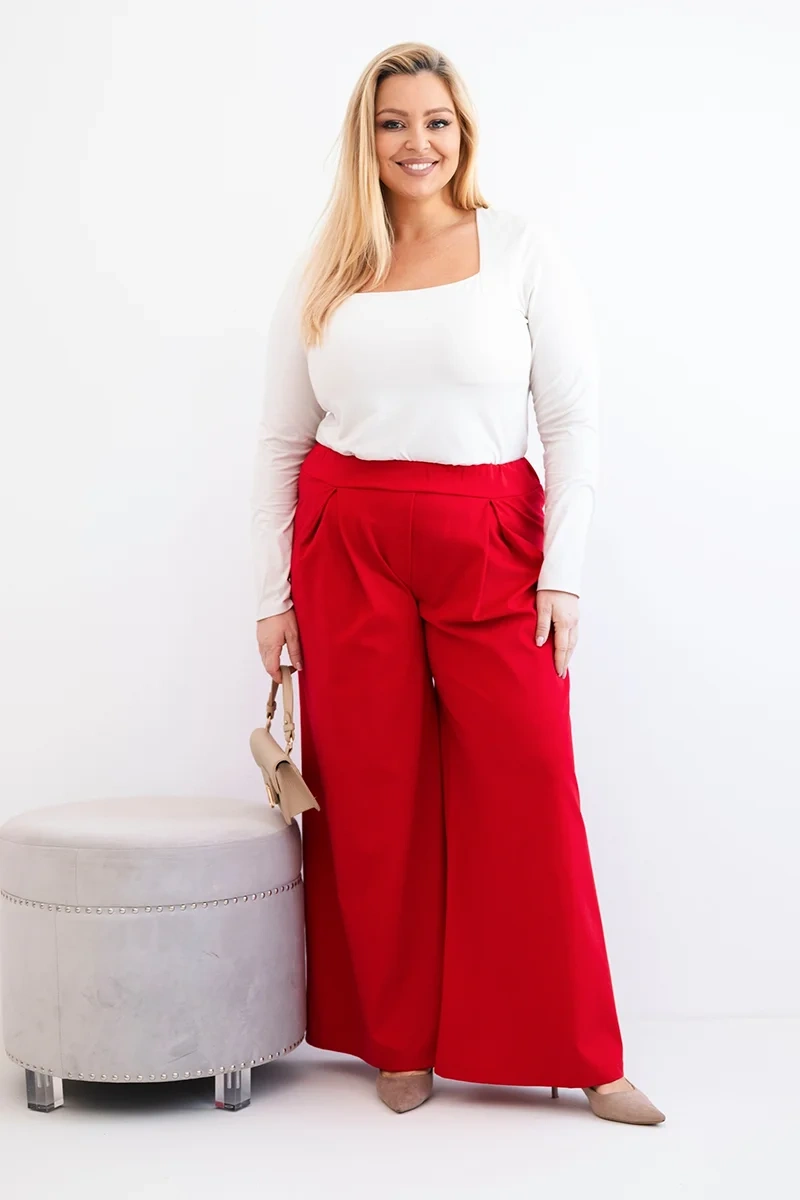 Spodnie damskie Plus Size z szerokimi nogawkami i plisowaniem czerwone