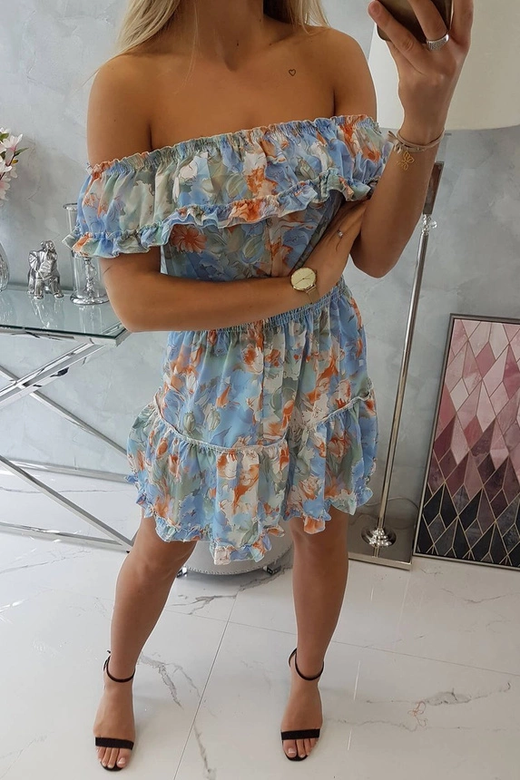 Geblümtes Kleid mit offenen Schultern in Blau