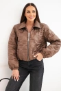Women's short quilted jacket with collar and zipper chocolate