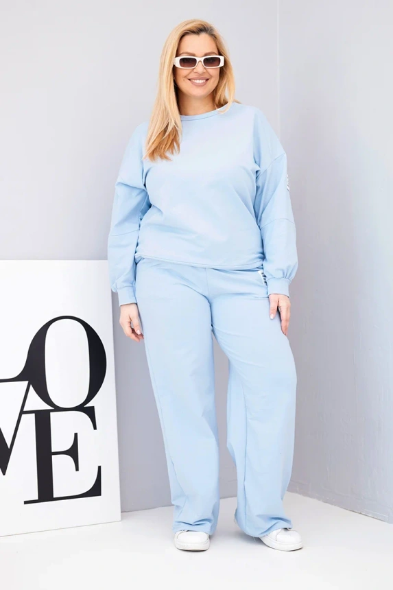 Damen Komplettset Plus Size aus Baumwolle mit lockerer Bluse und weit geschnittenen Hosen blau