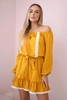Off-the-shoulder dress and lace mustard