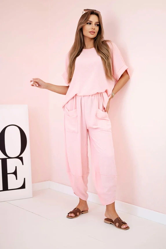 Viscose blouse + pants set powder pink