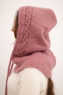 Women's hooded cap with ties and braid weave dark pink