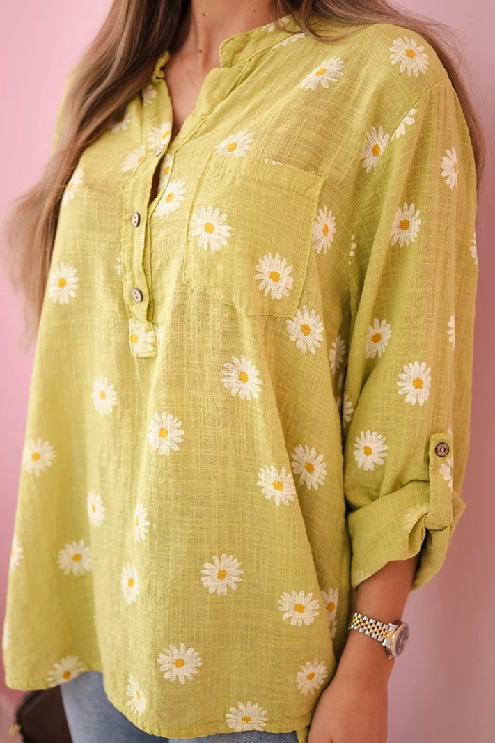 Linen Women's Blouse with Floral Pattern, Long Sleeves, and Buttons kiwi