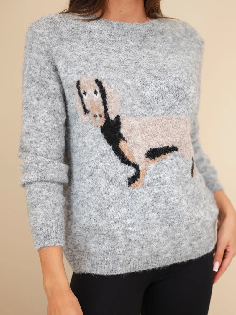 Women's sweater with a dachshund motif and a round neckline gray melange