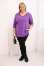 Women's Plus Size cotton blouse with a V-neck and rolled sleeves purple