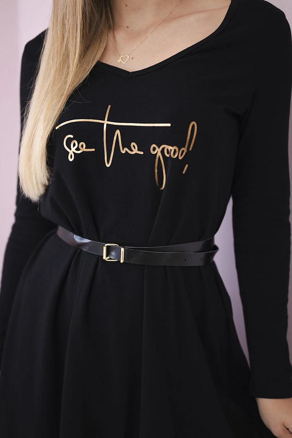 Kleid mit Ziergürtel und Schriftzug schwarz