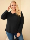 Damen Baumwoll-Sweatshirt Plus Size mit durchbrochenem Einsatz und Tasche schwarz