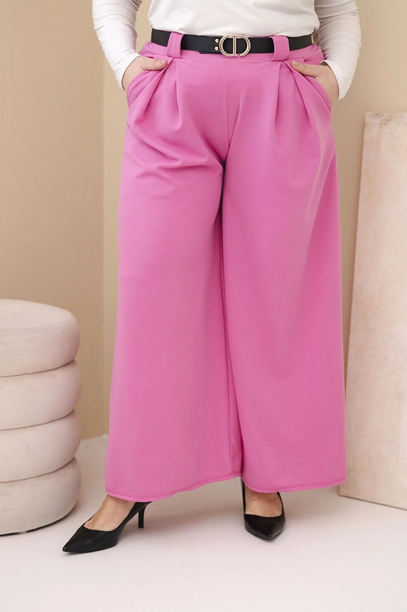 Dámske nohavice Plus Size viskózové so širokým nohavicami a pásom ružové