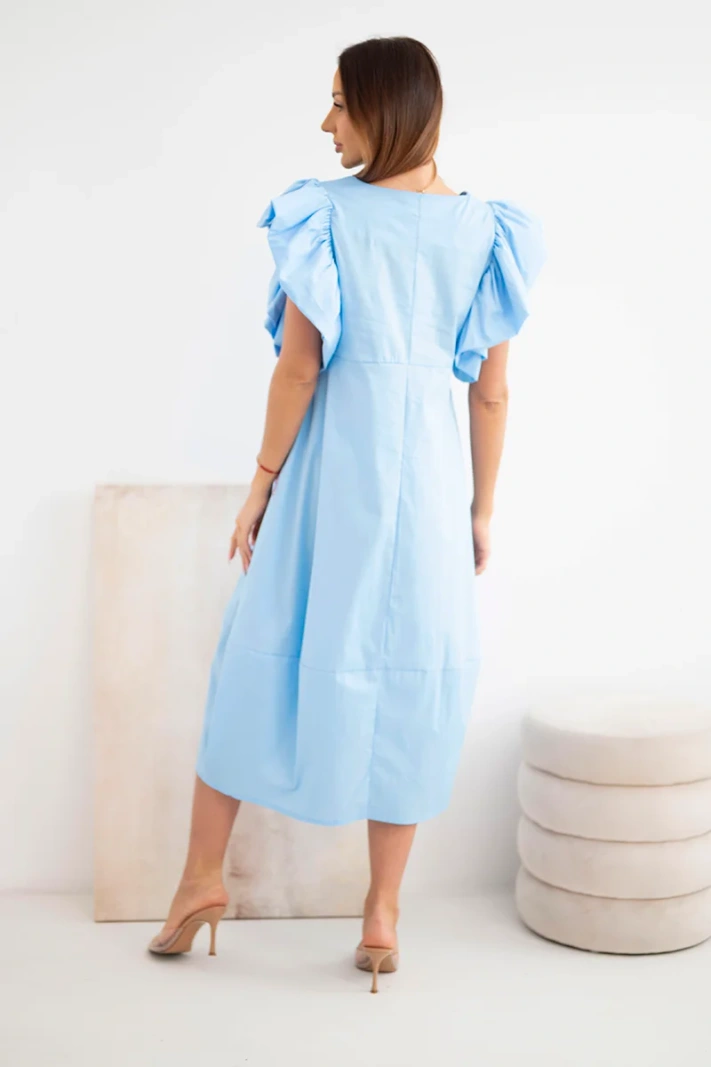 Damen Baumwollkleid mit Rüschenärmeln blau