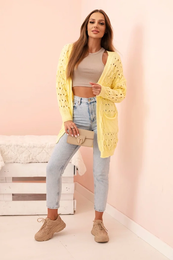 Women's openwork cardigan with pockets yellow