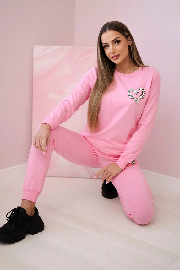 Women's cotton set with a decorative heart candy pink