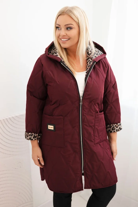 Damen Winterjacke gepolstert Plus Size mit Futter im Leopardenmuster und Kapuze burgunderrot