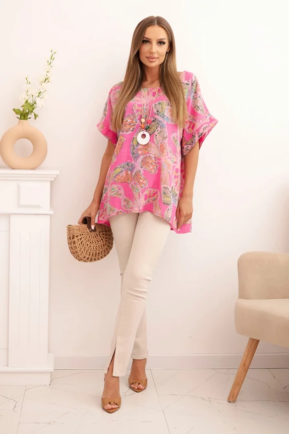 Damen Baumwollbluse mit Schmetterlingsmotiv und kurzen Ärmeln rosa