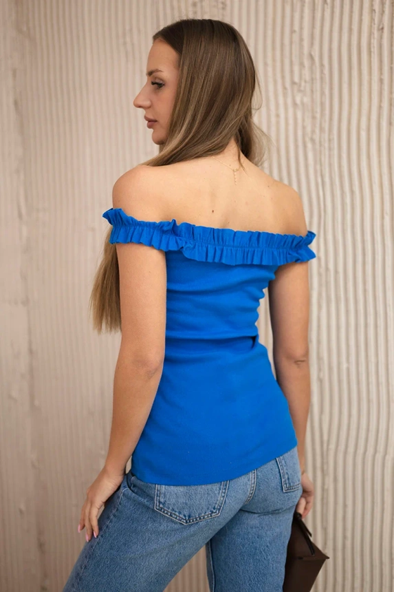 Off-the-shoulder blouse with frills mauve-blue