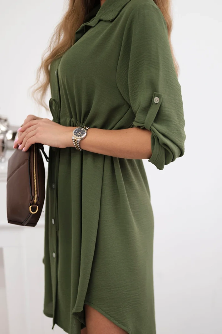 Kleid mit Knopfverschluss und Bindeband in der Taille khaki