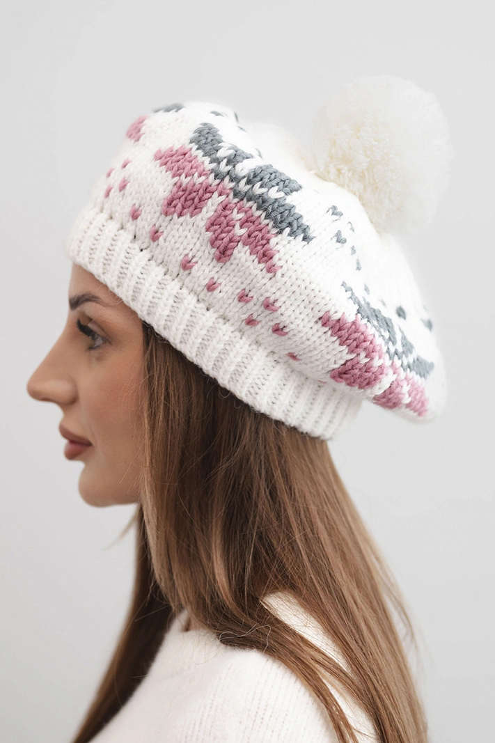 Women's winter wool hat with snowflake motif and pompom K457 white