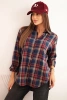 Women's cotton plaid shirt with a longer back navy