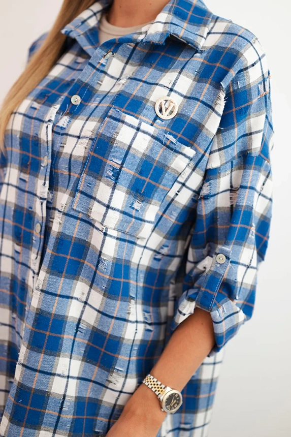 Women's cotton checkered shirt with a distressed effect cornflower blue