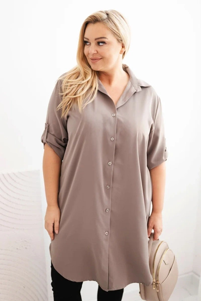 Sukienka damska koszulowa Plus Size z dłuższym tyłem i podwijanym rękawem fango