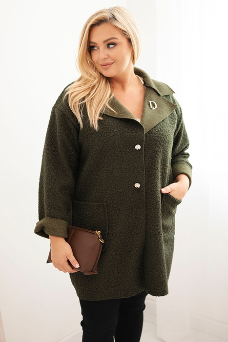 Płaszcz damski Plus Size baranek z wełną i kieszeniami khaki