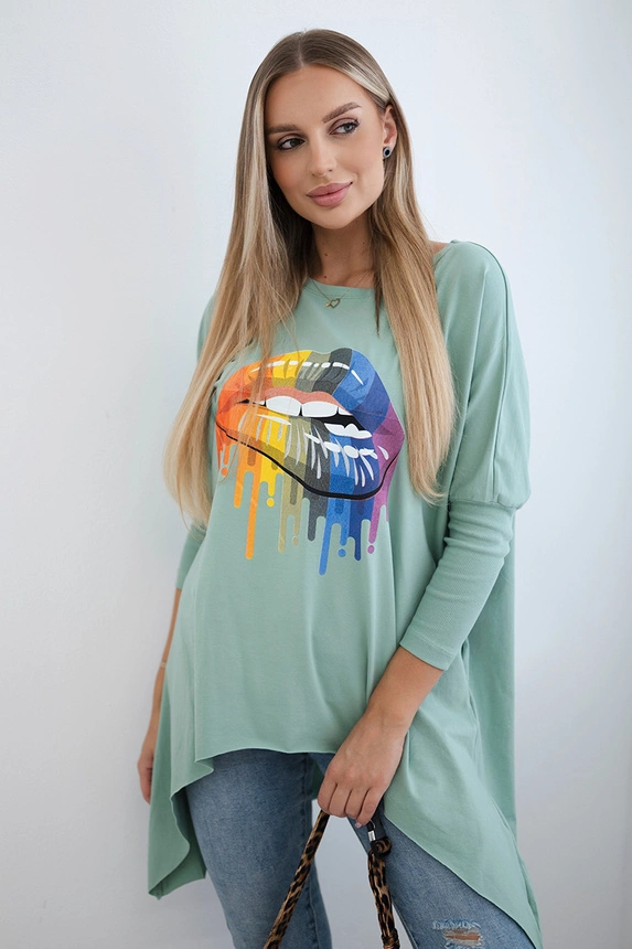 Oversize-Bluse mit Regenbogen-Lippen-Print dunkel mint