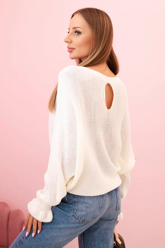 Women's mohair sweater with gathered sleeves and a back cutout ecru