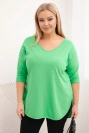 Women's cotton Plus Size blouse with a V-neck and rolled-up sleeves light green