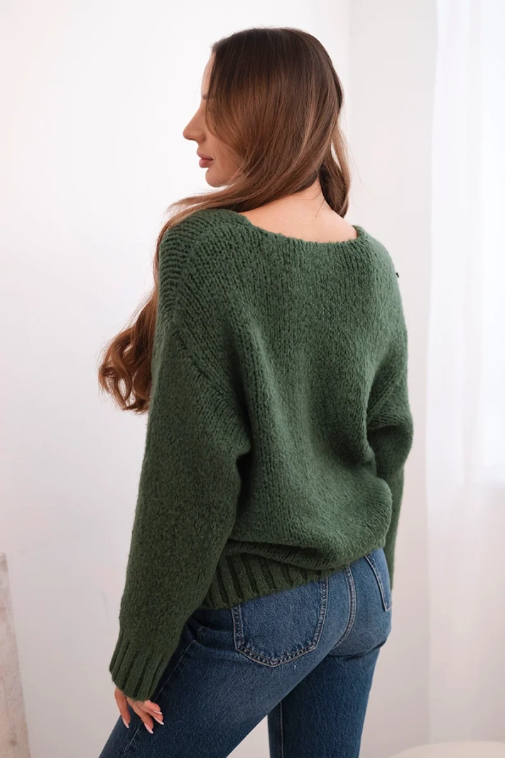 Women's sweater with a wool blend and a V-neck in khaki