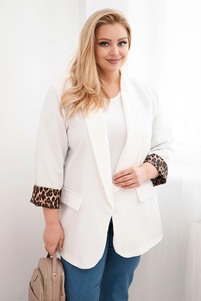 Marynarka damska Plus Size z podszewką w panterkę ecru