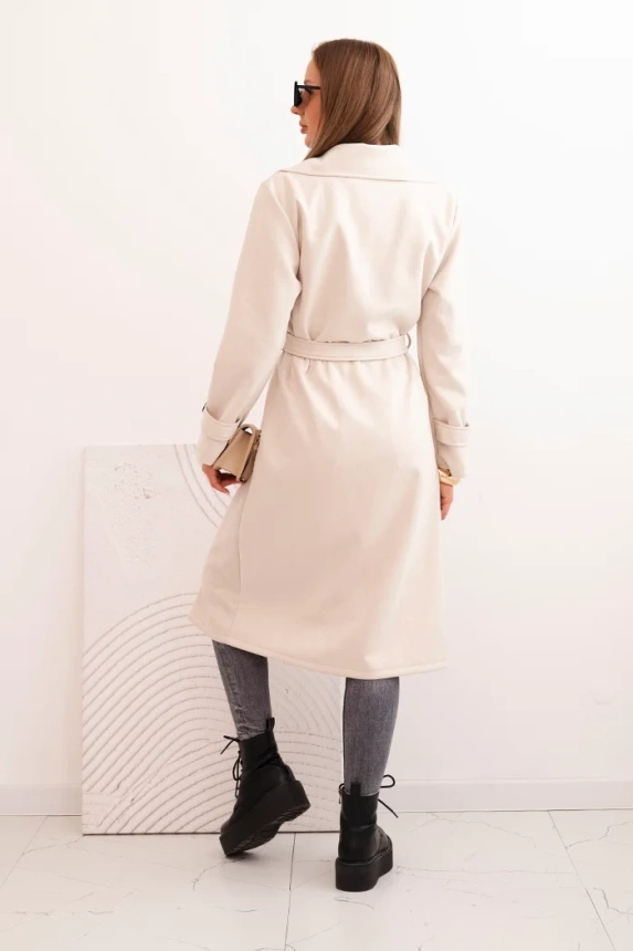 Women's suede coat tied at the waist with collar and buttons light beige