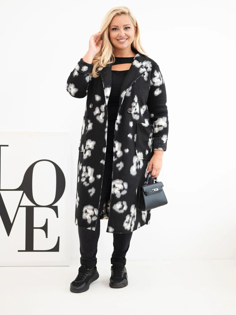 Women's elegant Plus Size coat with lapels leopard print black