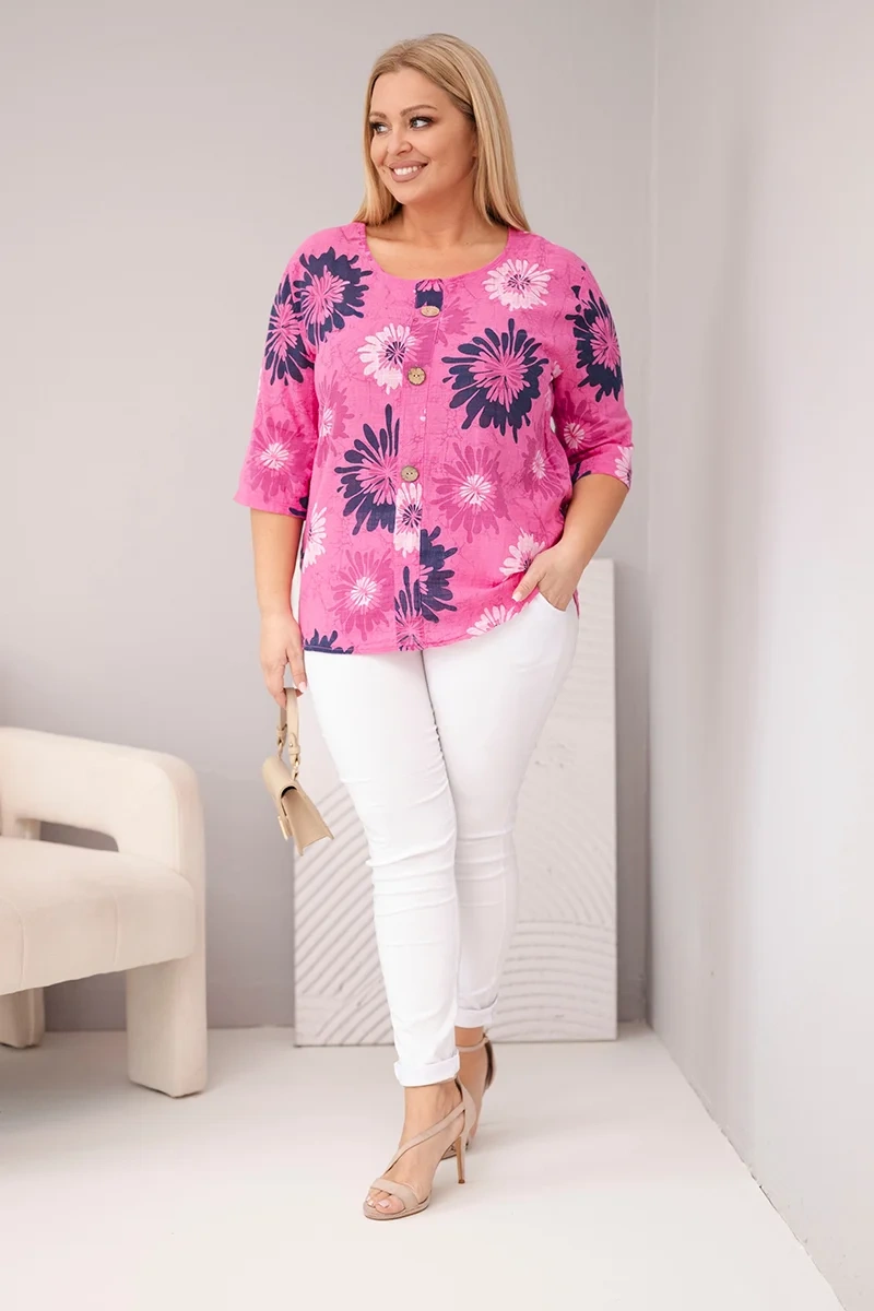 Bluzka damska bawełniana Plus Size z krótkim rękawem i guzikami różowa