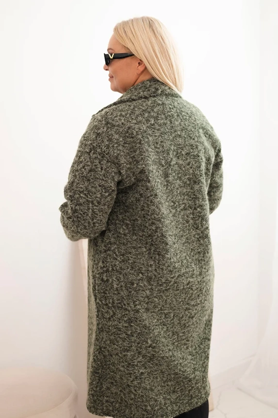 Dámský kabát Plus Size s vlnou a velkým límcem khaki