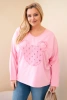 Moteriška medvilninė bluzonė Plus Size su V formos iškirpte šviesiai rožinė