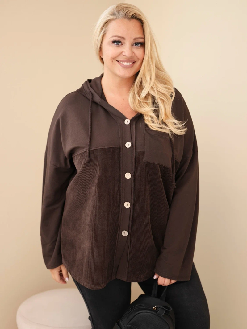 Damen Baumwoll Kapuzenpullover Plus Size mit Knöpfen braun