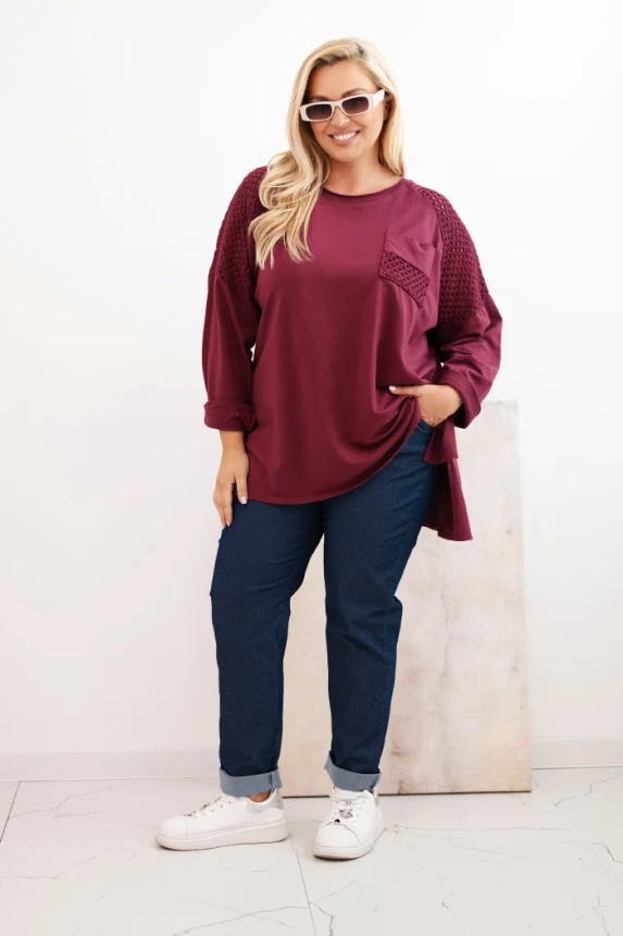 Plus Size women's cotton blouse with print burgundy