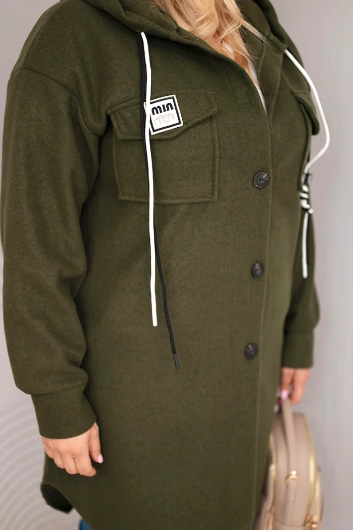 Women's plus-size hooded coat with button fastening khaki