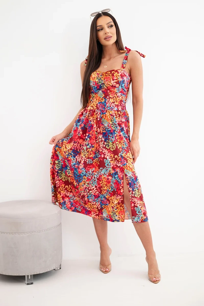 Women's midi floral dress with tie straps burgundy