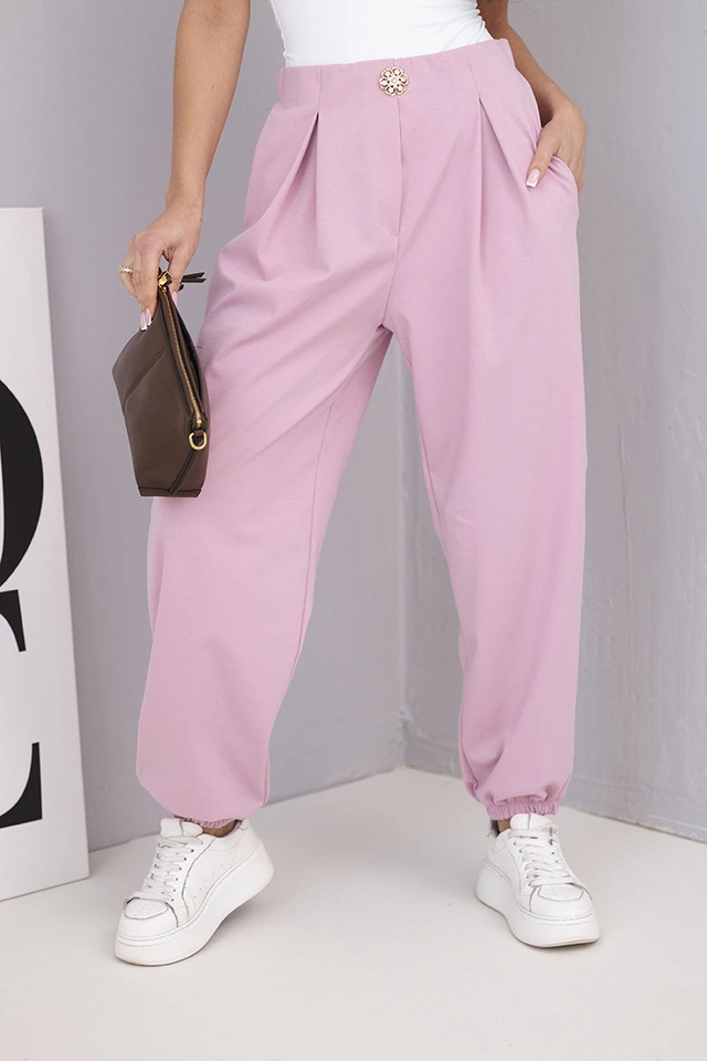 Women's cotton high-waisted pants with a decorative button dark pink