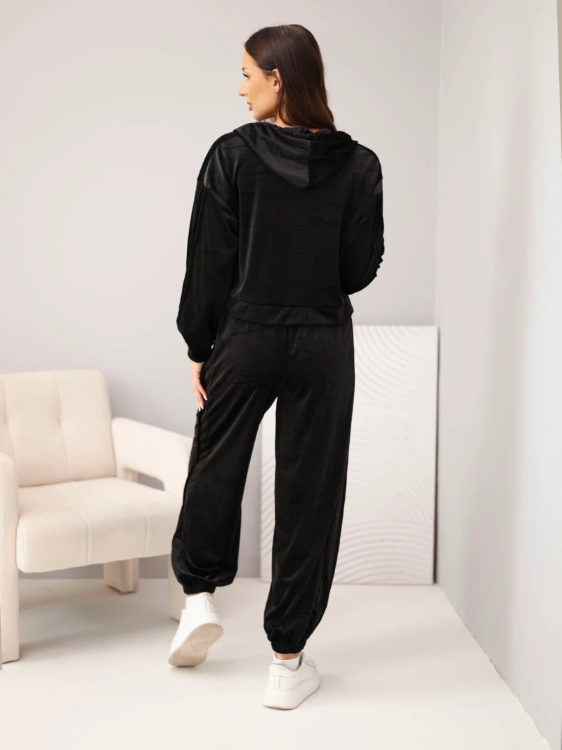 Damen-Set aus Viskose-Velour mit Reißverschluss-Sweatshirt und Jogger-Hose schwarz